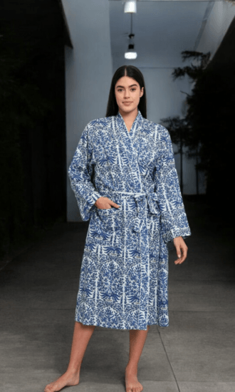 Indulge in comfort and style with our premium 100% cotton Kimono-inspired dressing gown. Made of soft organic cotton, this chic robe comes with a belt , making it a great gift choice too.