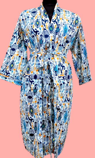 Hand Block Printed Cotton Kimono Robe – Artisan Elegance Elevate your loungewear collection with our Hand Block Printed Cotton Kimono Robe. Expertly crafted from soft, breathable cotton, this robe showcases stunning hand block printing, reflecting the rich tradition of artisan craftsmanship. Each robe features unique patterns and colors, ensuring you own a piece that is one-of-a-kind.