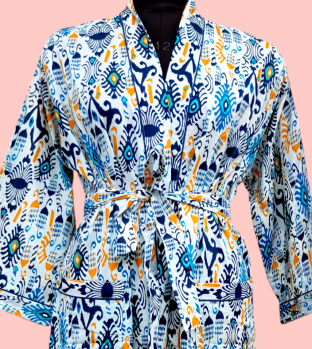 Hand block Printed Cotton kimono robe - Image 2