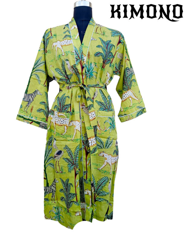 Pistachio Jungle Harmony Kimono Tropical Serenity Cotton Kimono" "Nature’s Bliss Kimono Robe" Pistachio Dream Cotton Robe