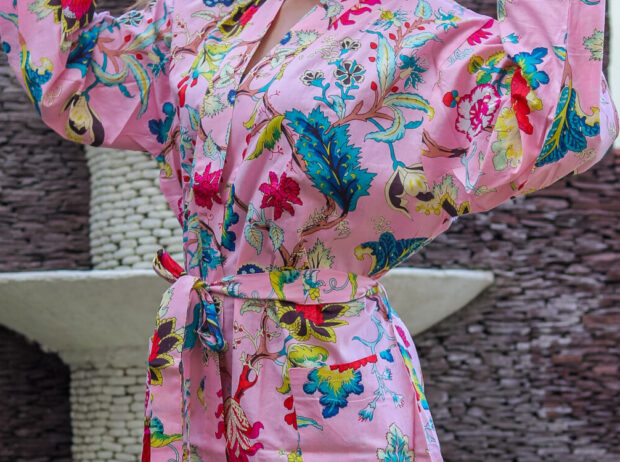 PINK FLORAL HAND PRINTED KIMONO ROBE FOR WOMAN - Image 2