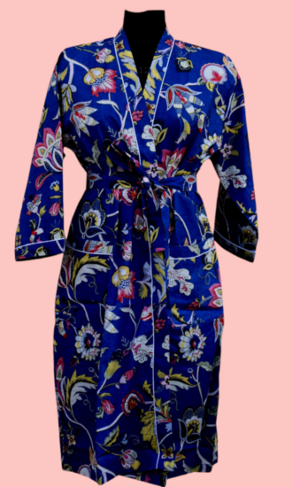 Cultural Significance: The kimono is a traditional Japanese garment, often worn for special occasions, ceremonies, festivals, or even casual use depending on the fabric and style. Indigo dyeing is a historic and revered technique in Japan, symbolizing simplicity, purity, and the connection to nature. 2. Craftsmanship and Artistry: The handcrafted floral design adds a unique, personal touch, often inspired by seasonal or symbolic flowers that carry specific meanings in Japanese culture (e.g., cherry blossoms for renewal, chrysanthemums for longevity). The detailed craftsmanship reflects a high level of skill and tradition, often passed down through generations of artisans. 3. Aesthetic Appeal: The floral patterns enhance the beauty of the kimono, making it not just a piece of clothing but a wearable work of art. The deep indigo color creates a striking contrast with the floral designs, adding depth and richness to the visual appeal. 4. Functionality: It serves as elegant attire, providing warmth and comfort while allowing the wearer to display cultural pride and individual style. Traditionally, the way a kimono is worn can communicate social status, personal taste, or adherence to customs