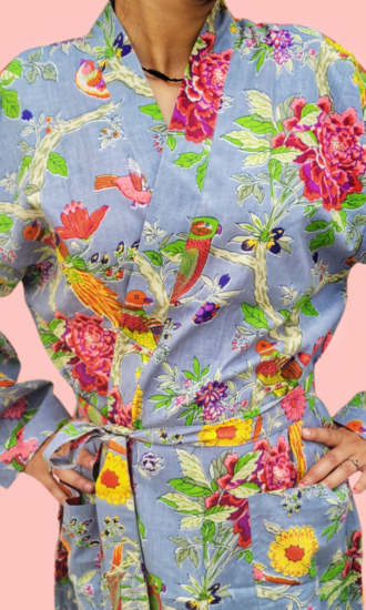 Whether you’re sipping coffee or unwinding after a long day, this loungewear adds a chic, effortless look to your downtime. Material: Soft, breathable fabric Design: Colorful floral prints with a classic kimono silhouette Fit: Relaxed, comfortable, and adjustable with a tie waist Occasion: Perfect for lounging, spa days, or as a stylish cover-up Care Instructions: Machine wash cold, tumble dry low
