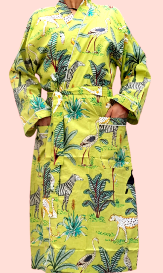 Animal Green Print Cotton Kimono Robe